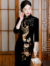 Vintage Stand Up Collar Black Seven Part Sleeve Cheongsam Maxi Dress